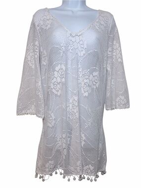 En Creme White Crochet Pom-Pom Swim Coverup Tunic